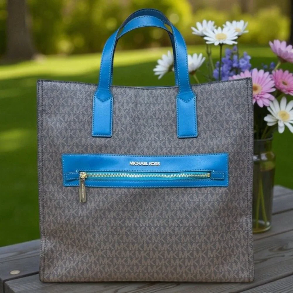 Michael Kors Kenly Brown Blue Lagoon MK Signature Large Tote Shoulder Bag Purse